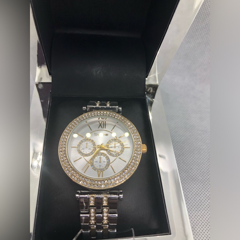 Bebe Silver rhinestone‎ crystal pave blinged out watch in mirrrored box